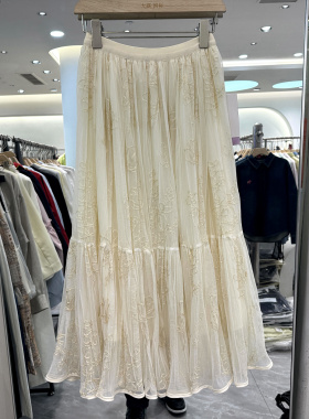 千姿百蕙68172 松紧高腰蕾丝刺绣花压褶中长网纱半身裙仙女裙春装