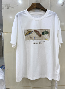 Z38278 欧洲站夏装2026新款彩色花雨伞圆领短袖休闲大码T恤上衣女