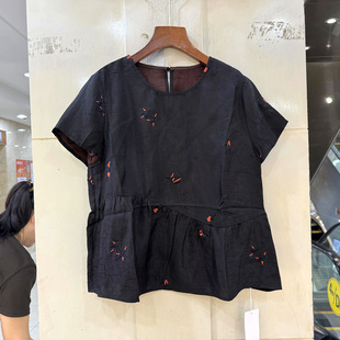 艾妮莉261732 斜下荷叶边拼接刺绣花人丝龟裂纹香云纱衬衫上衣夏