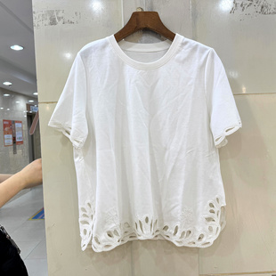 37046 时尚 重工钉珠镂空花下摆圆领短袖 T恤上衣 欧洲站春夏2026款