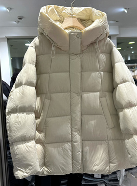 08201 欧货冬装2025新款云朵泡芙舒适抽绳连帽阔版小个中长羽绒服