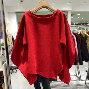 85100 时尚圆领马蹄灯笼袖不规则开叉收腰减龄卫衣T恤上衣欧货春