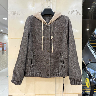 正品 253Y128 单排按扣撞色连帽彩色雪花呢休闲短外套秋冬2025新款