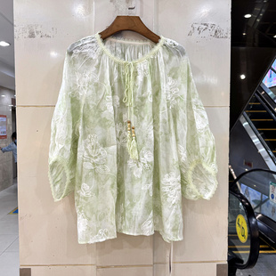 秋子豐色Q2609 夏 系帶圓領(lǐng)蕾絲刺繡花減齡休閑襯衣小衫 燈籠七分袖