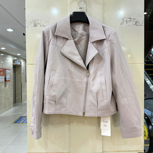 33-27113 时尚斜门禁拉链翻领休闲减龄短装皮衣夹克机车服春正品