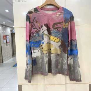 80605 2026时尚 圆领扎染马图案透气薄弹力网布T恤打底衫 欧货春装