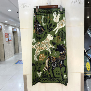 Z2692 松紧高腰两侧开叉卡通马鹿花压褶中长半身裙弹力H裙春 时尚