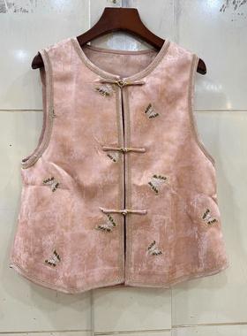 68769 重工钉珠蝴蝶刺绣三粒盘扣圆领人丝苎麻国风马甲外套春2026