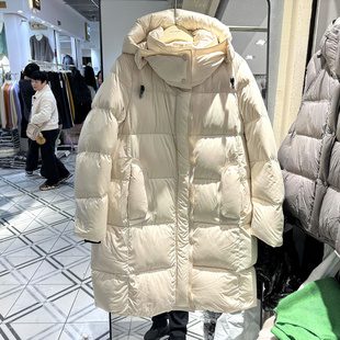 猫耳朵口袋连帽加厚轻奢缎面中长鹅绒羽绒服欧货冬装 25F8012 时尚