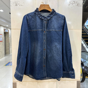 JD629 上衣欧货春2026 荷叶木耳花边领单排扣复古减龄百搭牛仔衬衫