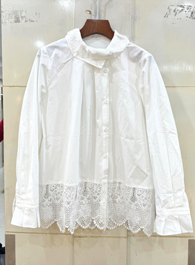 68711 不规则双层荷叶边翻领镂空蕾丝拼接下摆天丝棉白衬衫春2026