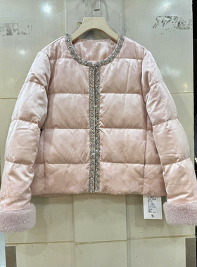 凡爱8612-1 仿水貂毛袖口人丝提花镶钻钉珠门禁圆领国风短羽绒服