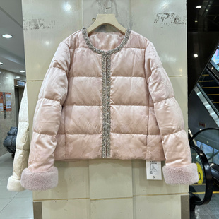 凡爱8612-1 仿水貂毛袖口人丝提花镶钻钉珠门禁圆领国风短羽绒服