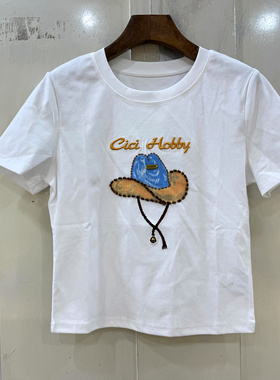 D2005 时尚字母刺绣帽子图案圆领短袖小个减龄短装T恤上衣春夏女