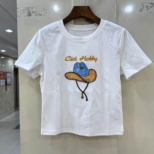 D2005 时尚字母刺绣帽子图案圆领短袖小个减龄短装T恤上衣春夏女