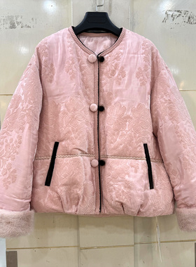 J25120 水貂毛袖口双排纽扣圆领雪尼尔提花轻奢短鹅绒羽绒服冬装