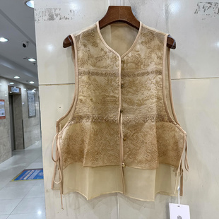 菲沿FY9637 两侧系带珍珠重工串珠刺绣花轻奢桑蚕丝国风马甲外套