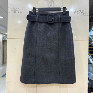 Beauty 通勤OL腰带高腰后开叉毛呢中短半身裙洋气包裙欧货冬 6306