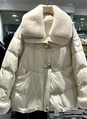 雅琪娜G195 时尚拉链拼皮扣仿水貂毛大翻领袖口毛小个中长羽绒服