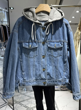 H6005 欧货春装2026新款时尚撞色卫衣连帽休闲假两件牛仔女外套