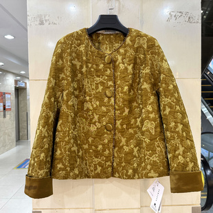 JY26AW001 镶钻钉珠边三粒扣复古蝴蝶提花圆领国风短装外套春装女