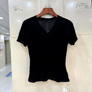嘉福利市265632 时尚V领后背镂空蕾丝拼接短袖植绒小衫上衣夏装女