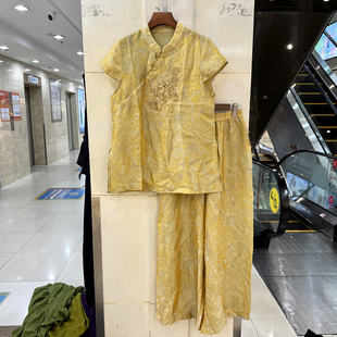 8880 斜门禁扣立领串珠刺绣花中长衬衣+直筒裤人丝国风两件套夏装