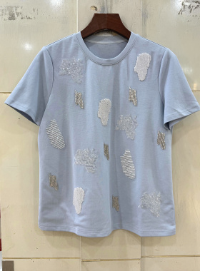 26388 重工亮片串珠刺绣花圆领短袖休闲轻奢天丝棉T恤上衣春夏女