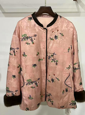 NMG265-21399 水貂毛袖口亮片刺绣花拼皮立领一手长鹅绒羽绒服冬