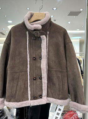 5636 欧货冬装2025新款双排扣立领皮草边加厚皮毛一体短外套正品