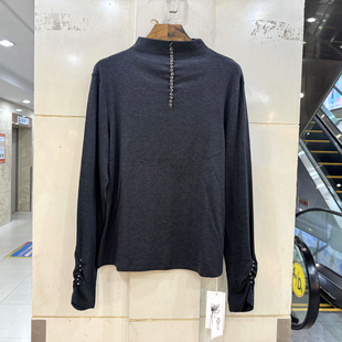 赫琳娜1705 领口袖口重工钉珠立领加绒羊毛针织T恤打底衫上衣冬装