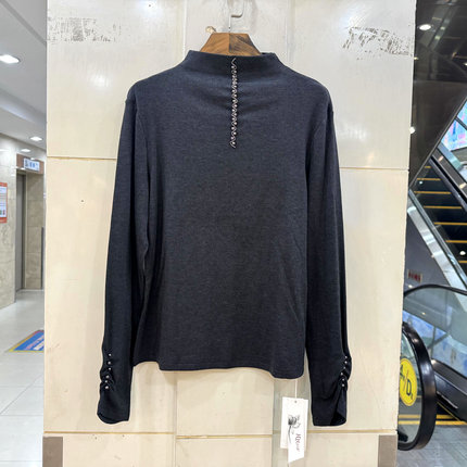 赫琳娜1705 领口袖口重工钉珠立领加绒羊毛针织T恤打底衫上衣冬装