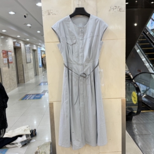 33-3610 单排扣腰带收腰飞飞袖圆领气质中长连衣裙欧货夏装正品