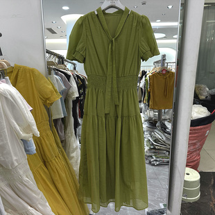 依歌贝诺2698 时尚飘带V领松紧高腰纯色清新减龄仙女中长连衣裙夏