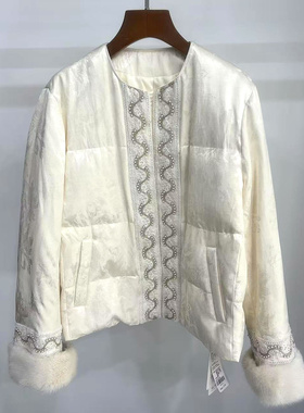 BLT265-BE283 门禁钉珠刺绣花水貂毛袖口高端短鹅绒羽绒服