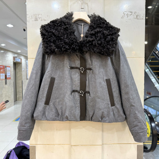 千秀丽人506 拉链牛角扣羊卷毛海军领皮草内胆加厚派克服短外套冬