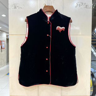 JD671 2026小马胸针珍珠扣立领真丝丝绒两面穿马甲外套女 欧货春装