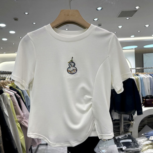 不规则圆领短袖 烫钻葫芦刺绣侧皱褶修身 T恤上衣春夏女 6083 CBKJ