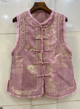 68702 时尚盘扣圆领水貂毛边真丝提花国风夹棉洋气马甲外套欧货冬