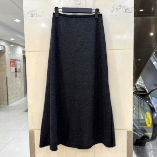 Beauty 一粒贝壳扣松紧高腰侧开叉A字包臀中长仿羊毛半身裙 6241