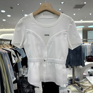 女 T恤上衣欧货夏装 雅琪娜R9101 松紧腰下荷叶边拼接休闲减龄短袖