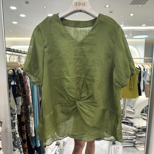 轩轩魅丽依族97-6908 时尚V领胸前交叉设计感休闲舒适苎麻衬衣夏