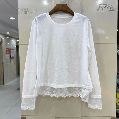 33-8288蕾丝花边下摆白T恤上衣