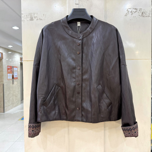 皮衣夹克外套春装 OSY 口单排按扣立领休闲短装 菱形花袖 女 26A6123