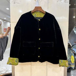 丝绒棉衣外套冬装 欧颜66209 复古撞色花拼接盘扣圆领休闲国风短装