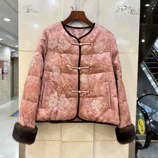 口国风高端短鹅绒羽绒服 珍珠盘扣圆领刺绣盘花水貂毛袖 99YR 277