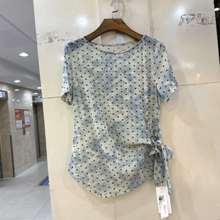 赫琳娜2590 时尚圆领侧系带不规则扎染色波点网布T恤小衫上衣夏装