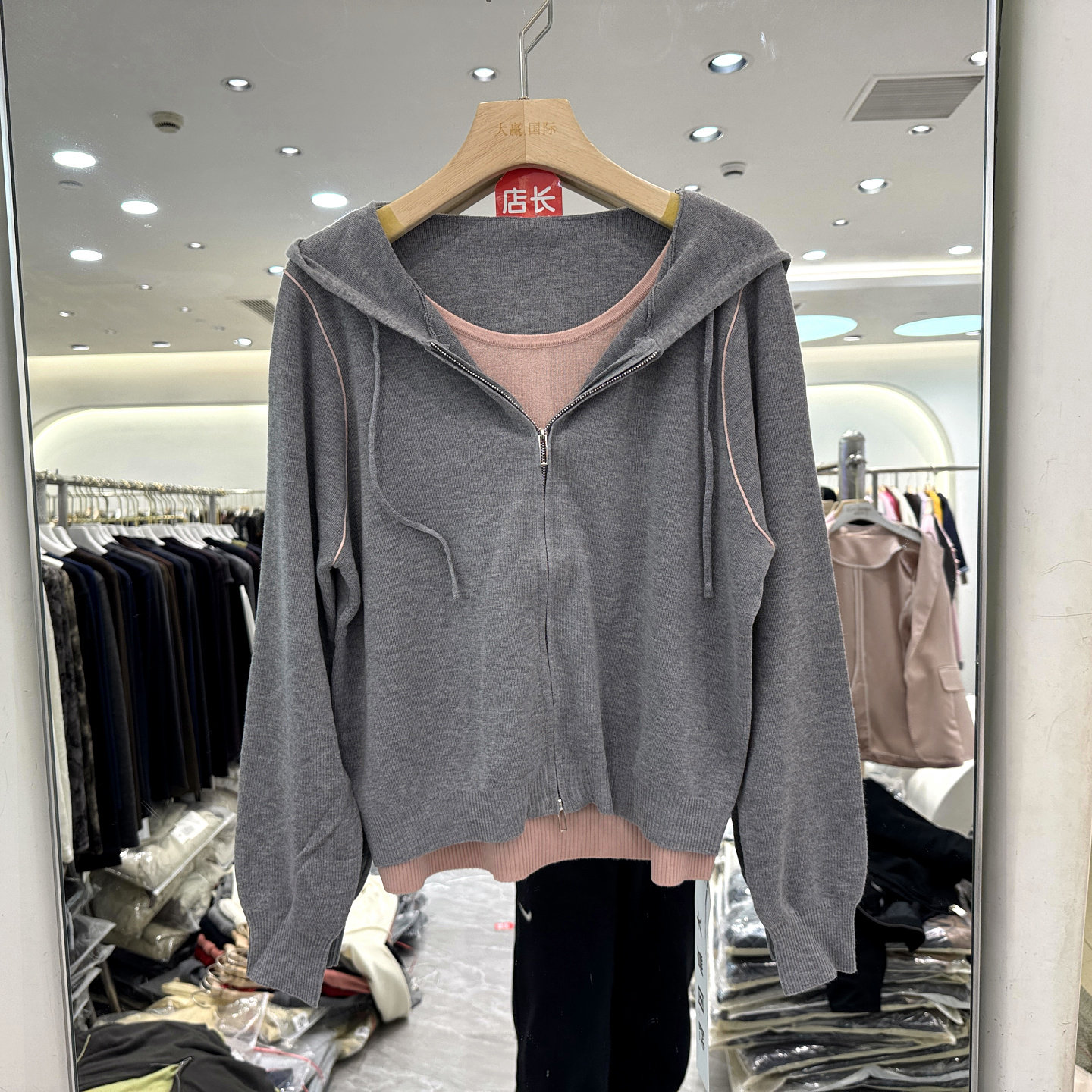 69616 时尚撞色拉链飘带连帽休闲假两件针织毛衣上衣欧货春装正品