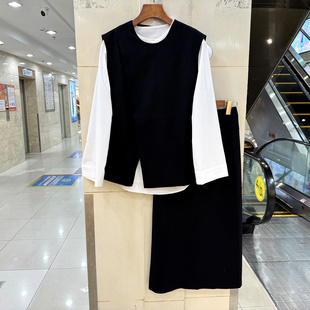 L68836 中长半身裙包裙洋气三件套春 白色衬衣交叉设计感马甲罩衫