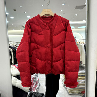 印象秋水929 大三粒扣立领水貂毛边人丝提花国风短羽绒服欧货冬装